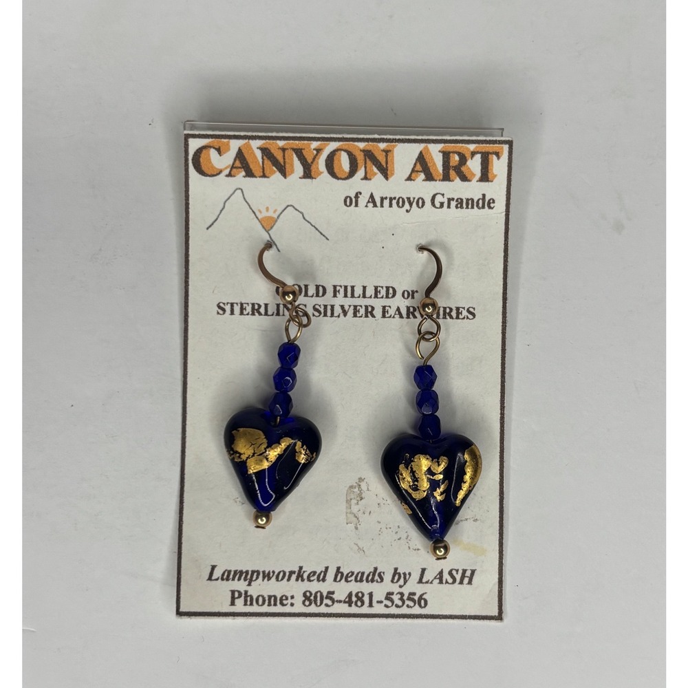 Canyon Art Earrings Blue Gold Heart Lampwork Glass Handcrafted LASH